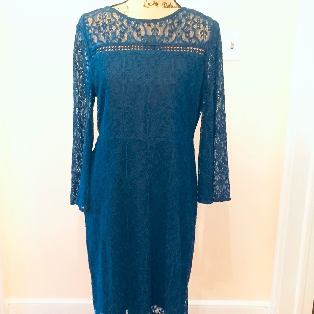 Loft cocktail dress teal blue lace long sleeve